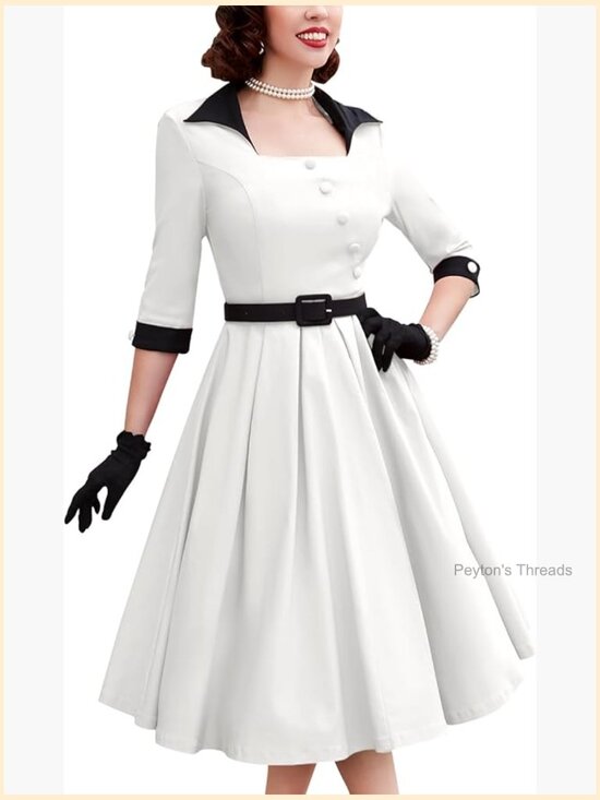 Dresses & Skirts - Vintage 50s Retro Swing Midi Dress 3/4 Sleeve Square Neck Cocktail Wedding Guest